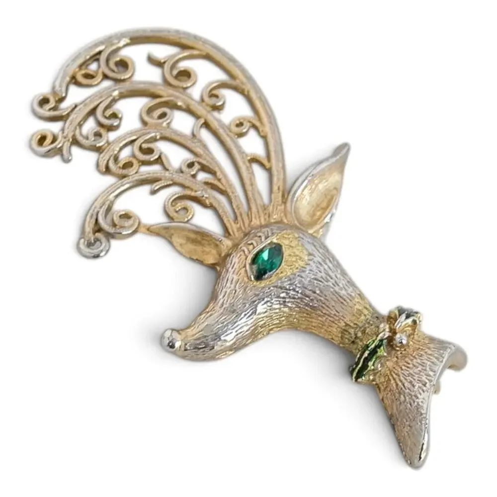 Vintage Napier Gold Tone Reindeer Brooch Green Crystal Eye Christmas Pin